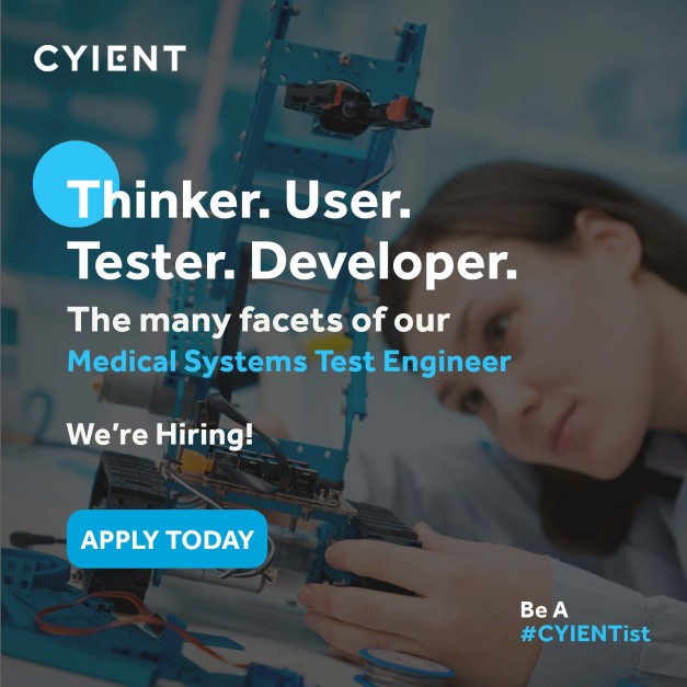 Cyient's tweet photo. Testing medical systems is as important as the building phase. Here’s your chance to be a part of a team that creates game-changing technologies in healthcare.
Join us as a System Test Engineer now. https://t.co/EABiYMRrXR
#productdevelopment #testcreation #healthcare #hiring https://t.co/R2UVihY5OF