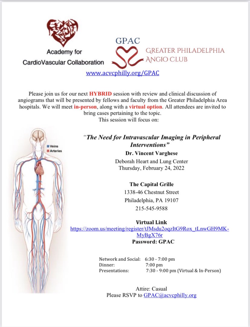 Join us for the February #AngioClub next Thursday 2/24 with @VVargheseDO hosting the topic of “Imaging in Peripheral Interventions”. <a href="/jcgeorgemd/">Jon George</a> <a href="/Drbankacardio/">Sahil Banka</a> <a href="/VladLakhter/">Vladimir Lakhter</a> <a href="/ericgnall/">Eric</a> @AVishnevsky_MD <a href="/ACVCPhila/">Academy for CardioVascular Collaboration</a> <a href="/ReVascMed/">ReVascMed</a>