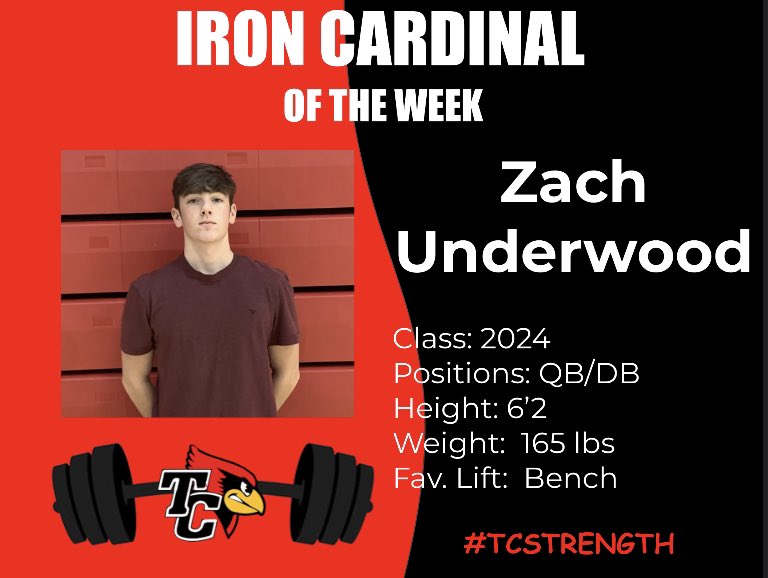 CoachHoosier's tweet photo. π₯πͺ Iron Cardinal of the Week πͺβ¬οΈ
Sophomore Zach Underwood is a technician at everything he does. If you want to see how to do a lift with the correct form, Zach is one of the guys. Zach on the field is the same way and is not afraid of hard work!
#tcstrength #GrindSeason https://t.co/c0oQw78NAJ