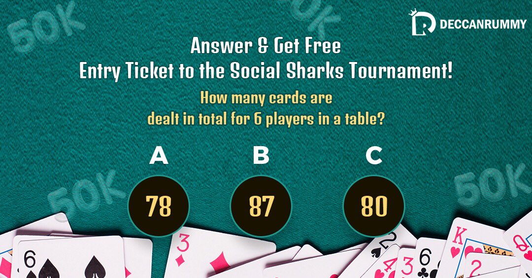 DeccanRummy's tweet photo. Hi Rummy Lovers! Hereโs a fantastic opportunity to win free ticket to the Social Sharks Tournament. Answer the simple question along with your username to get the free ticket to play the 50k worth contest. https://t.co/fTlr0Icz4z #onlinerummy #socialsharks https://t.co/x1D3e9PKP5