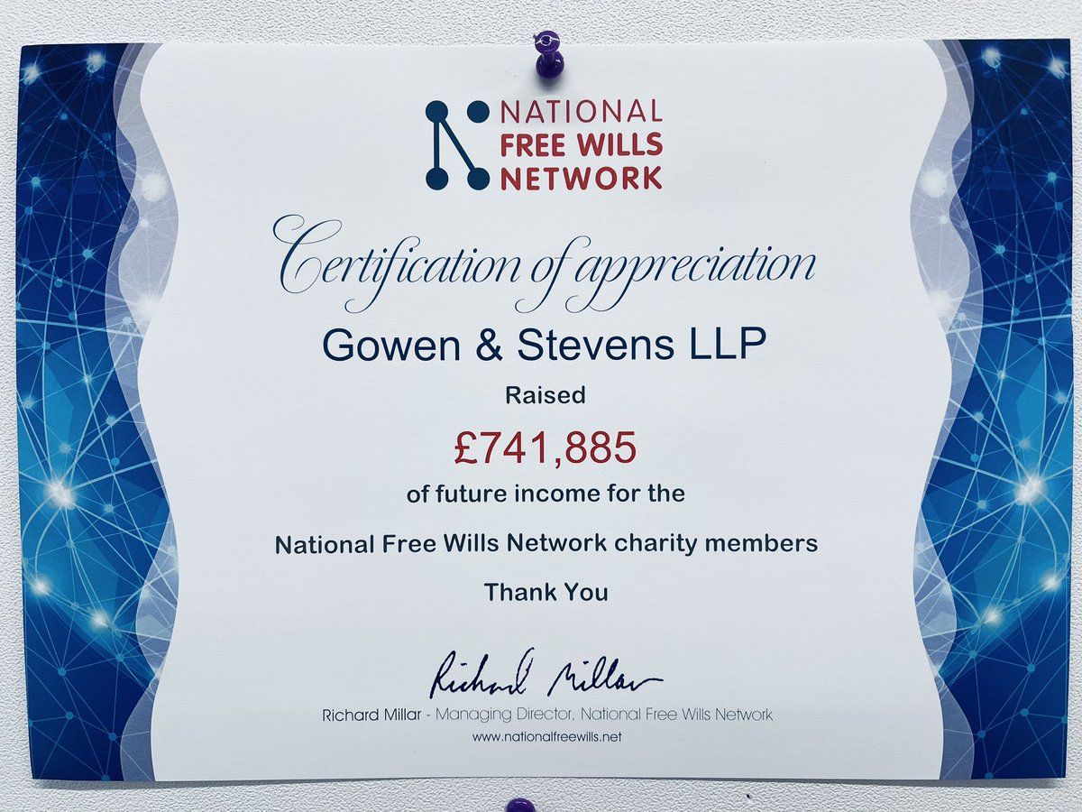 GowenLlp's tweet photo. Thank you to @NFWNetwork for our Certificate of Appreciation! Our Private Client Department has raised an enormous sum of £741,885 for the @NFWNetwork charity members over the past year. 
We look forward to our continued work with you in helping raise money for amazing charities. https://t.co/9yFNFjD7De