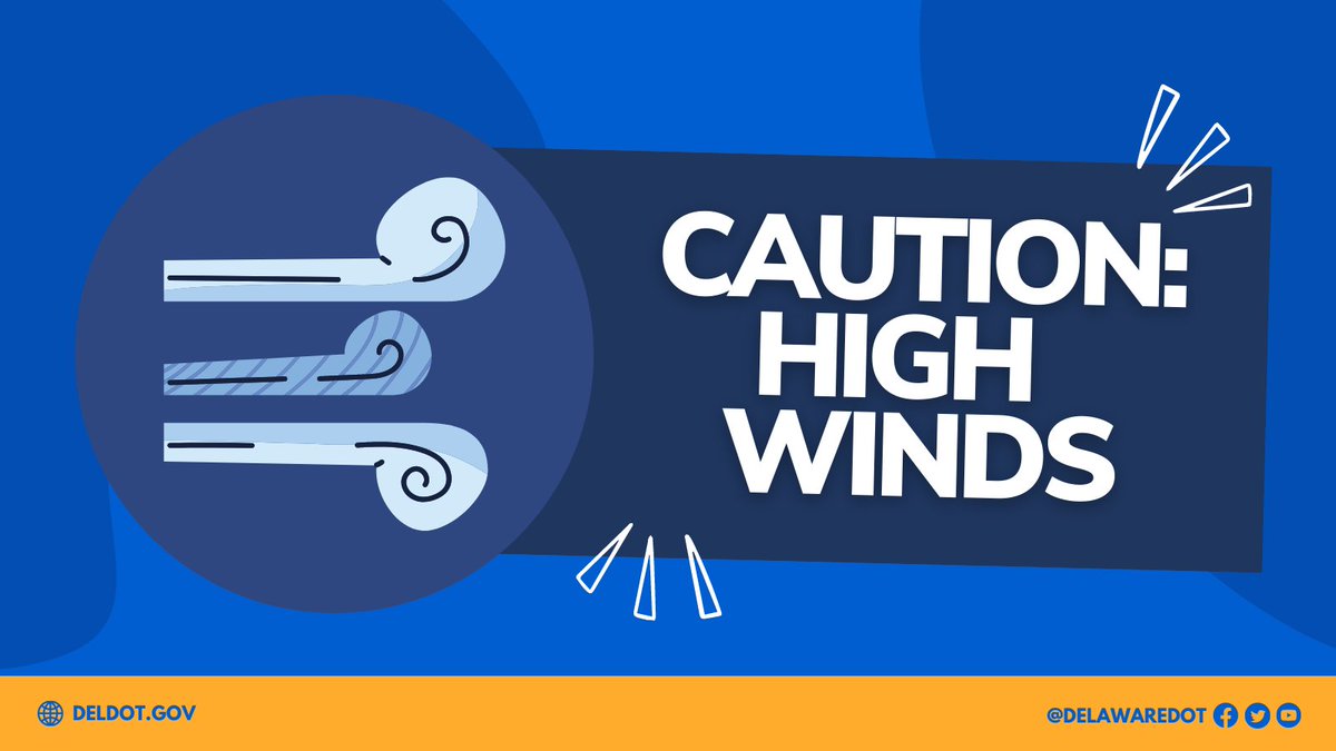 DelawareDOT's tweet photo. 💨⚠️ #DelDOT Advisory - High Winds: Commuting in high winds can be dangerous. Expect wind to be worse in exposed areas, be aware of high-profile vehicles (more vulnerable to losing control), keep your distance, keep both hands on the wheel and slow down. Drive safe, #Delaware! https://t.co/RtyDxXbs63