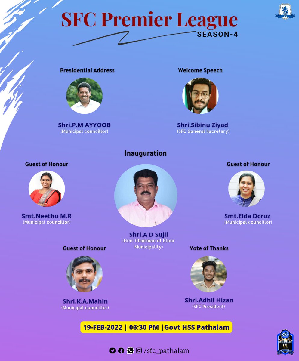 PathalamSfc's tweet photo. SFC premier league will start on tomorrow onwards.
Eloor Municipal Corporation Chairman AD Sujil will inaugurate the event. 
Kick off at 6:30 p.m on Pathalam Govt High School Grounds.

Welcome all 💫
#football #UCL #keralablasters #KBFC https://t.co/OFstS6T64G
