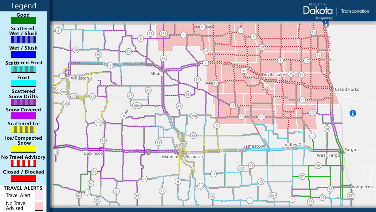 Nddot Road Condition Map Nddot On Twitter: "(Feb. 18 At 7:22 A.m.) ⚠️The No Travel Advisory Has  Extended To Include Grand Forks And Surrounding Areas. Find The Latest Road  Conditions At Https://T.co/Exhjjzmsob. #Knowbeforeyougo  Https://T.co/Vwuplj5Vpf" / Twitter