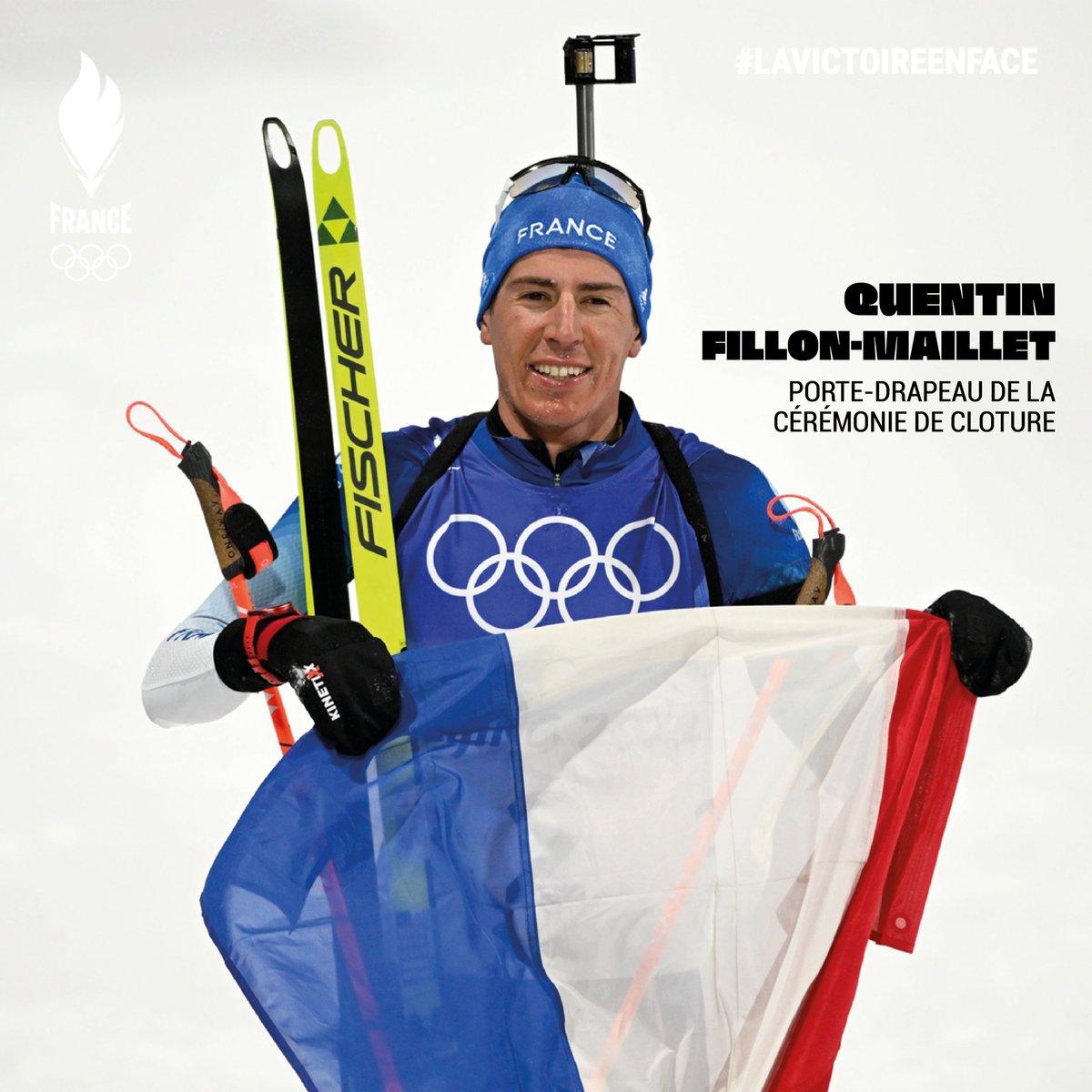 EquipeFRA's tweet photo. Quintuple médaillé sur ces Jeux de #Pekin2022, Quentin Fillon-Maillet est désigné porte-drapeau français pour la cérémonie de clôture qui se déroulera dimanche 20 février à 13h (🇫🇷) ! https://t.co/6nak4S2x3N