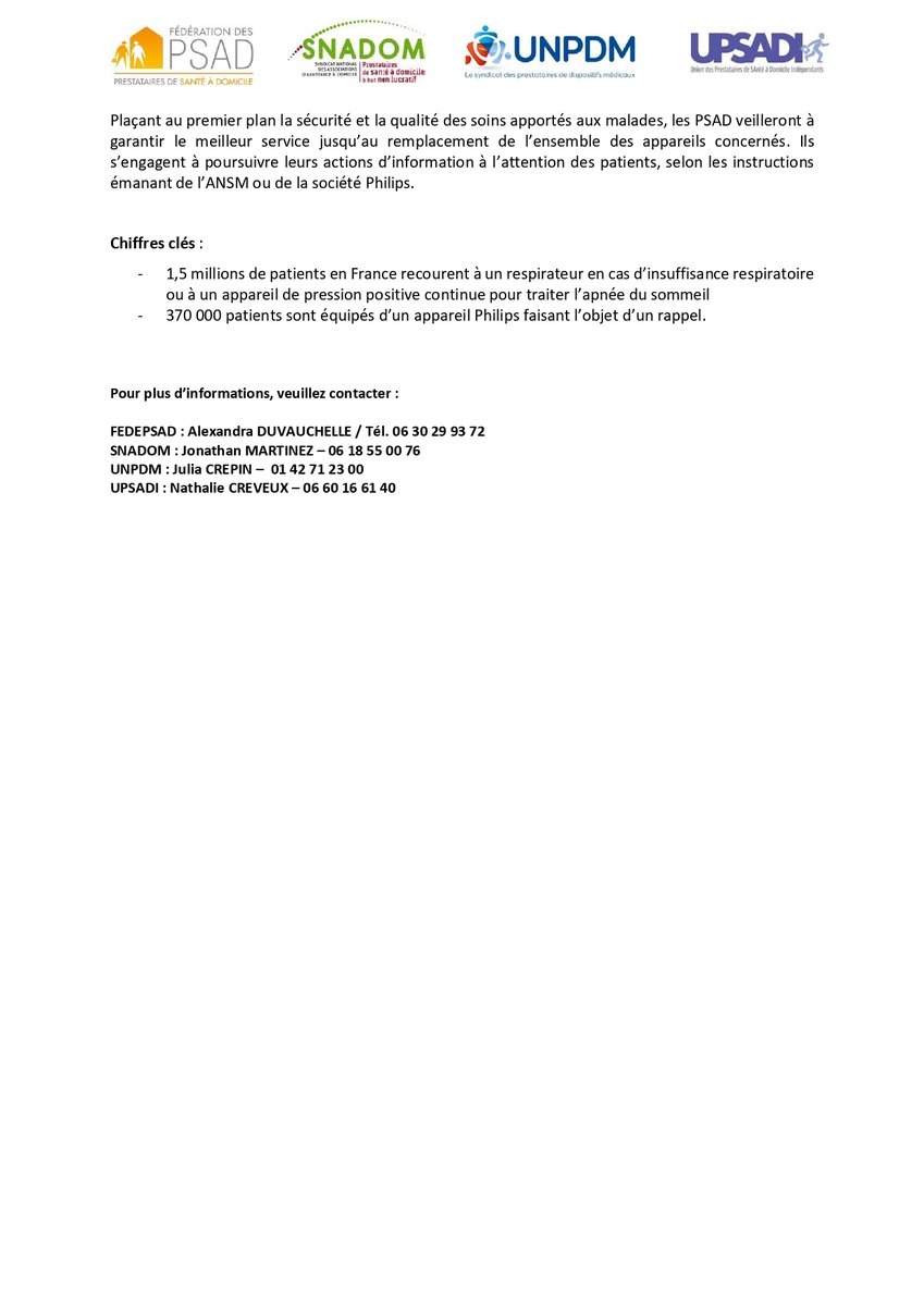 Snadom_psad's tweet photo. [COMMUNIQUE DE PRESSE📣] Remplacement des appareils de ventilation Philips : les Prestataires de Santé à domicile pleinement mobilisés au service de leurs patients https://t.co/PO3K5Ziao3