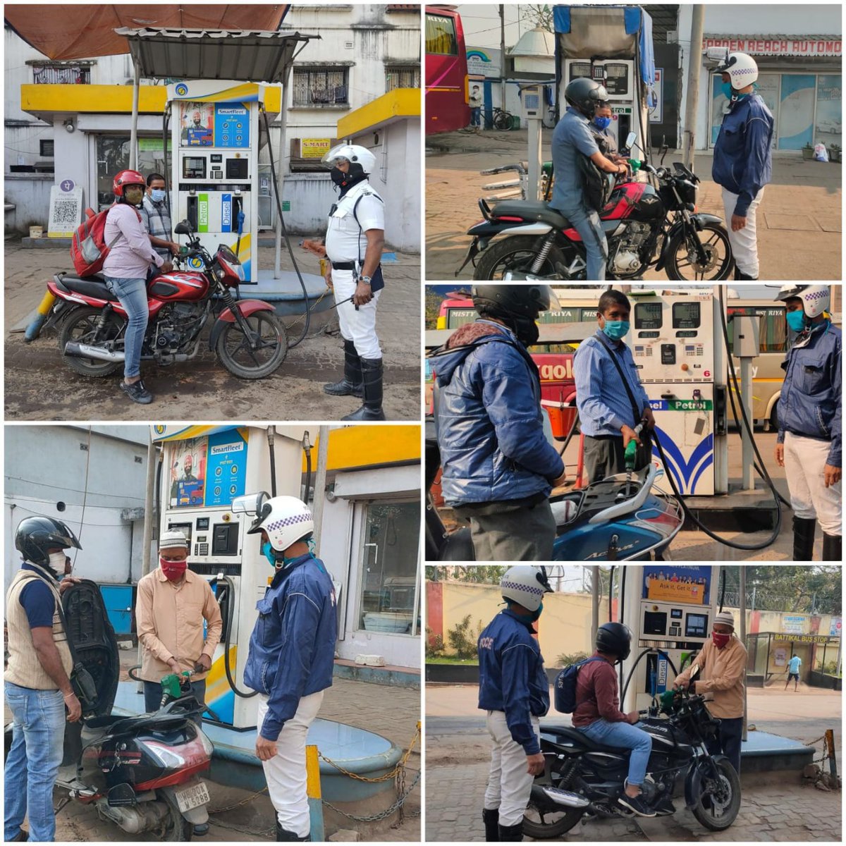 KPTrafficDept's tweet photo. প্রতিদিনের মত আজও শহরের পেট্রল পাম্প গুলির সামনে হল বিনা হেলমেটে মোটরসাইকেল চালানোর বিরুদ্ধে বিশেষ অভিযান।  মোটরসাইকেল আরোহীদের এই বিষয়ে সতর্ক করার সাথে সাথে আইন ভঙ্গকারীদের বিরুদ্ধে নেওয়া হল যথাযত ব্যবস্থা। #SafeDriveSaveLife #HelmetMust @CPKolkata https://t.co/MB36Jc3H2z