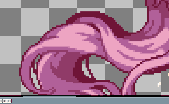 あくまで自分が多用しているパターンというだけで実際は何が正しいかは知らないです
最近描いたドット絵の髪の毛では、このパターンをよく使用しています 