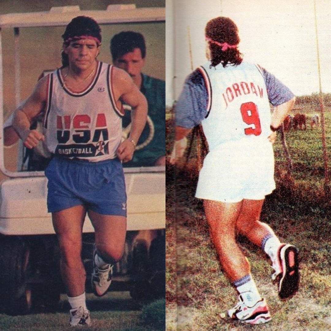 Diego Maradona training for the 1994 FIFA World Cup while wearing Michael  Jordan's number 9 shirt from the United States Dream Team at the Olympics., image size:1080x1080