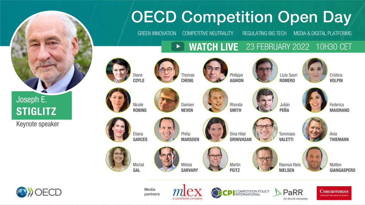 OECD_BizFin's tweet photo. 🗓️LIVE Wed 23 Feb 2022 🕥10.30 CET
📣Register to interact live with our fantastic line-up of speakers at the #OECDcomp Open Day:
🌳#greeninnovation
💡#CompetitiveNeutrality
📰#Media & #digital platforms
⚖️#BigTech regulation
🎙️@JosephEStiglitz
➡️https://t.co/lF8wJAoAkl https://t.co/UBQvIuD8Eg