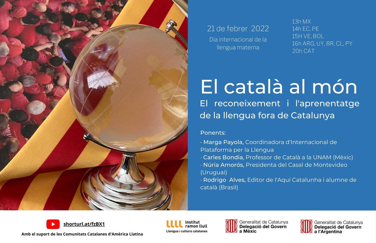 Catalunya_ARG's tweet photo. 📢Dilluns 21, #LlenguaMaterna “El Català al món” reconeixement i aprenentatge de la llengua fora de #Catalunya
Amb @margapayola @llenguacat #CarlesBondia @UNAM_MX @nuriamoros #RodrigoAlves @ACatalunha #LenguaMaterna @UNESCO @UN
✍️inscripcions: https://t.co/iEMuHnNFzF
🗓️21/02 https://t.co/ukdpGrr2Tj