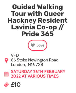 Join Hackney's Lavina Co-op for a walk on the Queerside to discover Hackney's history! The walk will be roughly 1 hour, and meeting details will be shared once tickets have been confirmed. Don't miss out! Book Tickets here👉 bit.ly/LaviniaCoopWalk 
#HackneyPride365❤️🧡💛💚💙💜🖤
