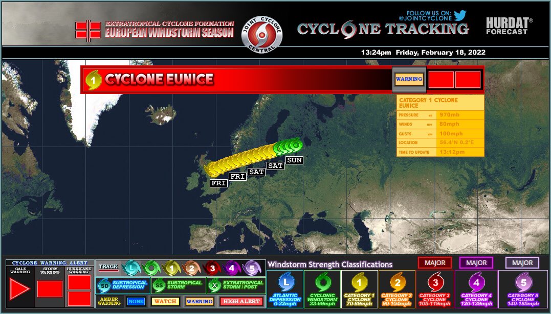 JointCyclone's tweet photo. #CycloneEunice Advisory 13A
Max Winds: 80mph
SSWS: C1
MSLP: 970mb
The Category 1 cyclone lashed towards London and the Southeast U.K. this afternoon/evening, along with squally showers. The cyclone expected to move away from the United Kingdom later today. #StormEunice https://t.co/U1wNdmMl7Y