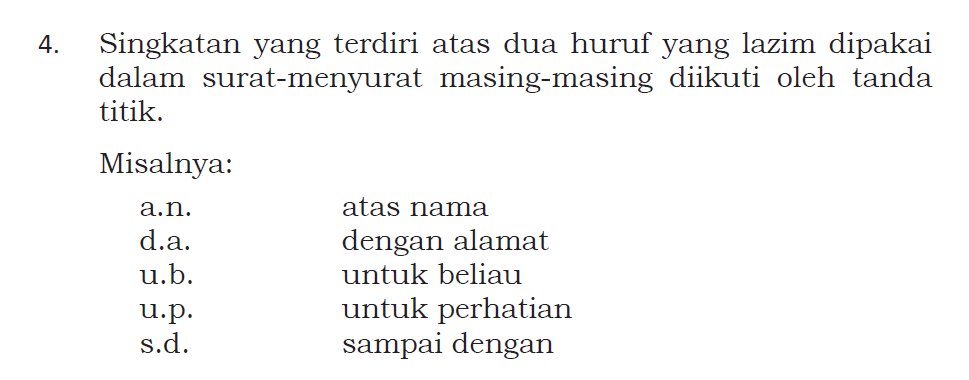 ivanlanin's tweet photo. Singkatan dua huruf, seperti "s.d." dan "a.n.", ditulis dengan tanda titik. Kaidah ini sudah diterapkan sejak zaman EYD (1972).

Orang tua kita banyak yang masih memakai "s/d" dan "a/n". Kita tidak usah ikut-ikutan. https://t.co/mPRx7TBRNq