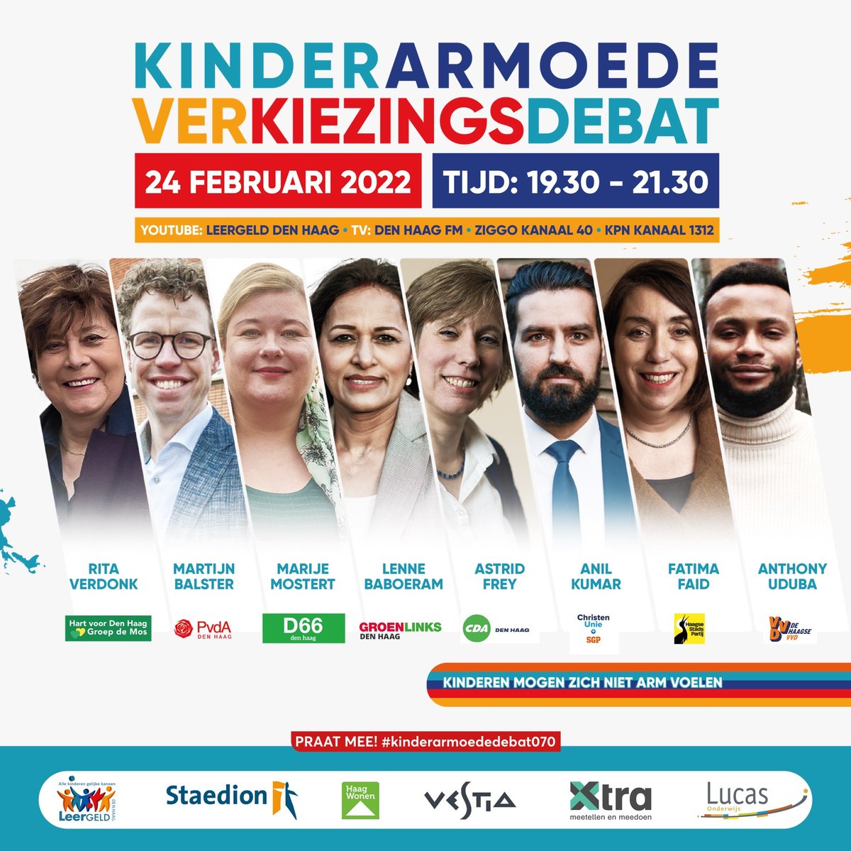 Ons verkiezingsdebat over kinderarmoede, live uitgezonden door Den Haag FM en gestreamd.
8 kandidaten gaan met elkaar in discussie. Over kinderarmoede, wonen, welzijn en onderwijs. 
Mmv: Haag Wonen, Staedion, Vestia, Xtra en Lucas Onderwijs.
#kinderarmoede070