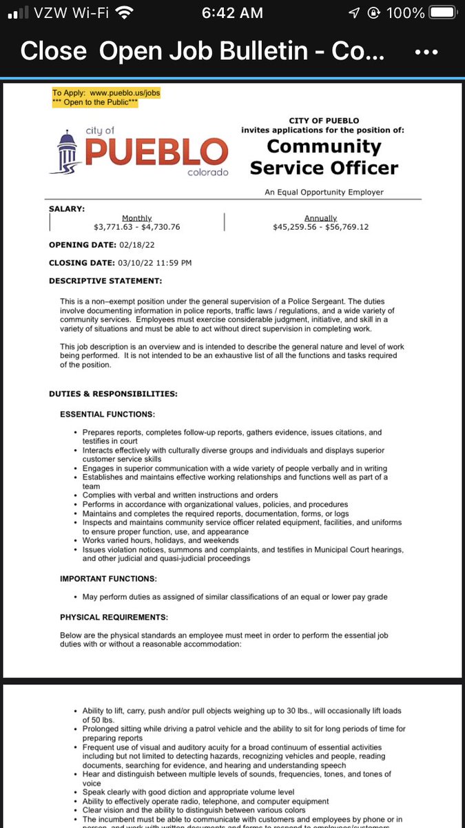 The Pueblo Police Department is hiring four non-sworn Community Service Officers!  Please go to the city’s website to read the full job description and apply!  Great opportunity with excellent pay and benefits.