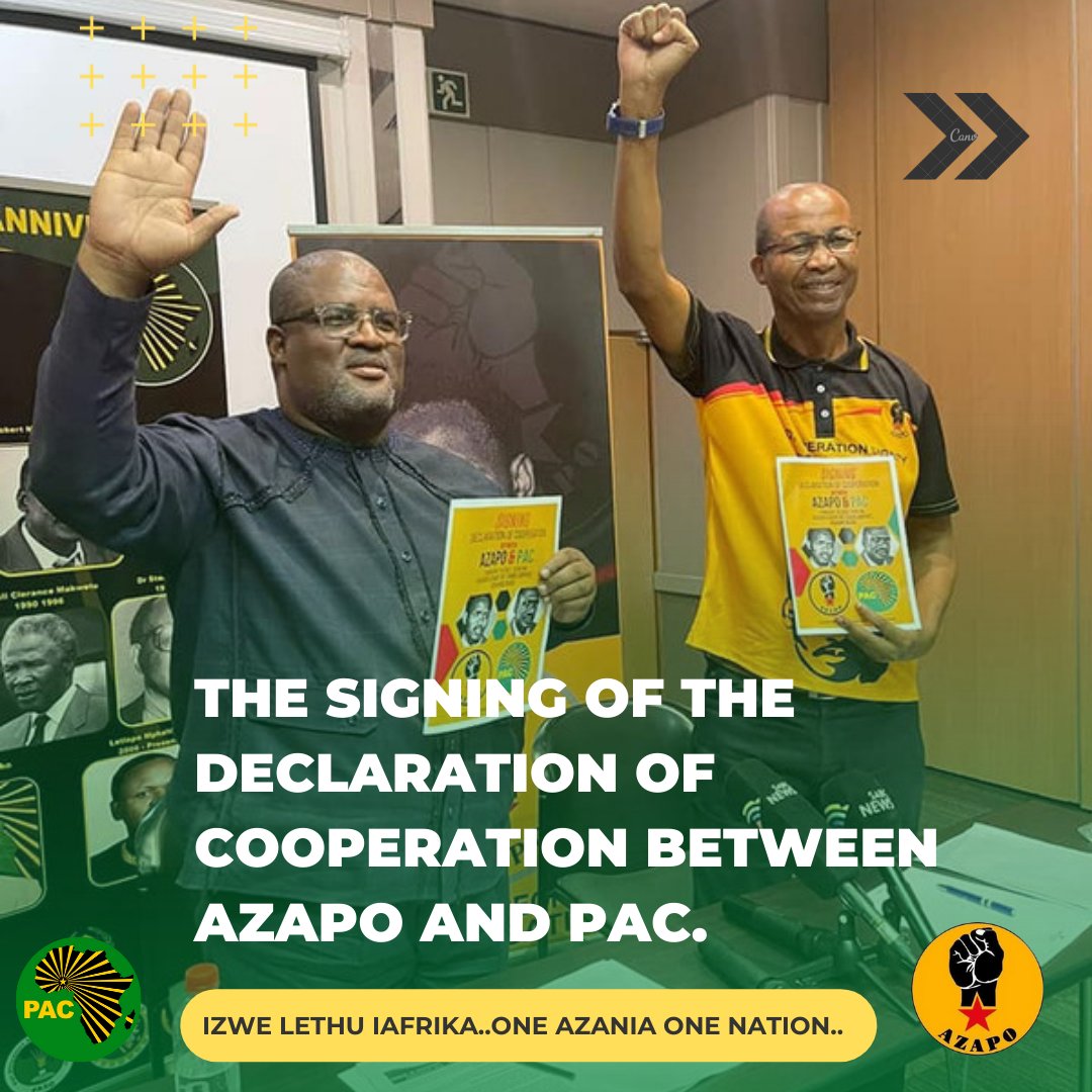 PAC, AZAPO CONCLUDE HISTORIC PARTNERSHIP

Today the spirits of Mangaliso Robert Sobukwe and Steven Bantu Biko were awakened as the progressive forces of the liberation movement, the PAC and the Azanian Peoples Organisation (AZAPO) signed a historic cooperation agreement in Jozi.