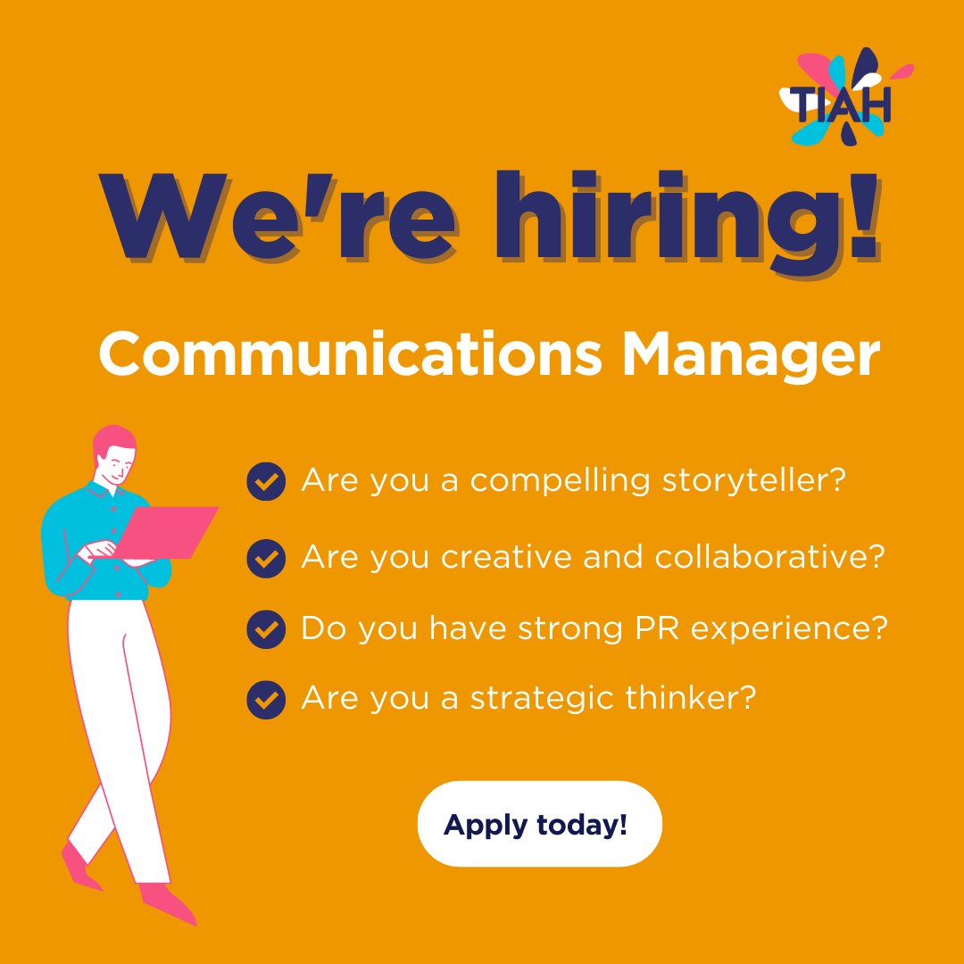 We’re looking for a Communication Manager. You will provide dedicated communications, PR and media support. Your role will help build an ongoing coalition of support for TIAH to help drive our mission.  Click here bit.ly/3JzOSEj  #Careers #werehiring