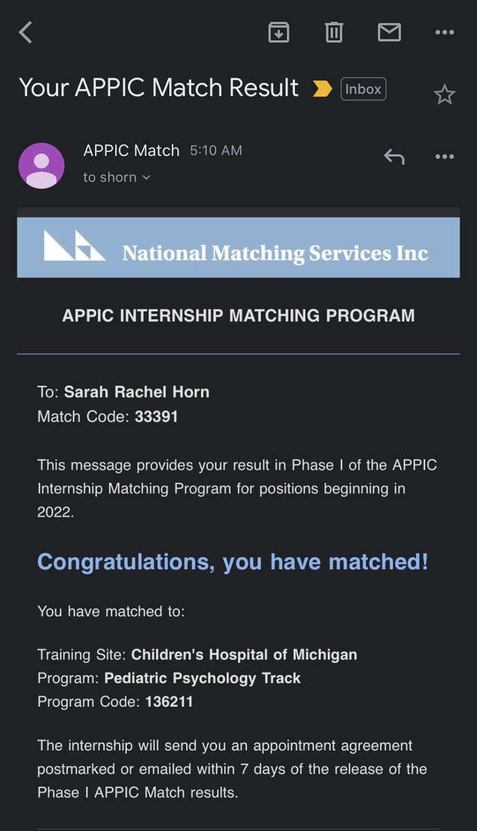 I am very excited to join the team at Children’s Hospital Michigan for my #APPIC internship year! I found my passion for psychology at Umich and it feels fitting to return to the mitten to finish my degree 💙💛 wishing all good news & support today! #ThisIsPedsPsych