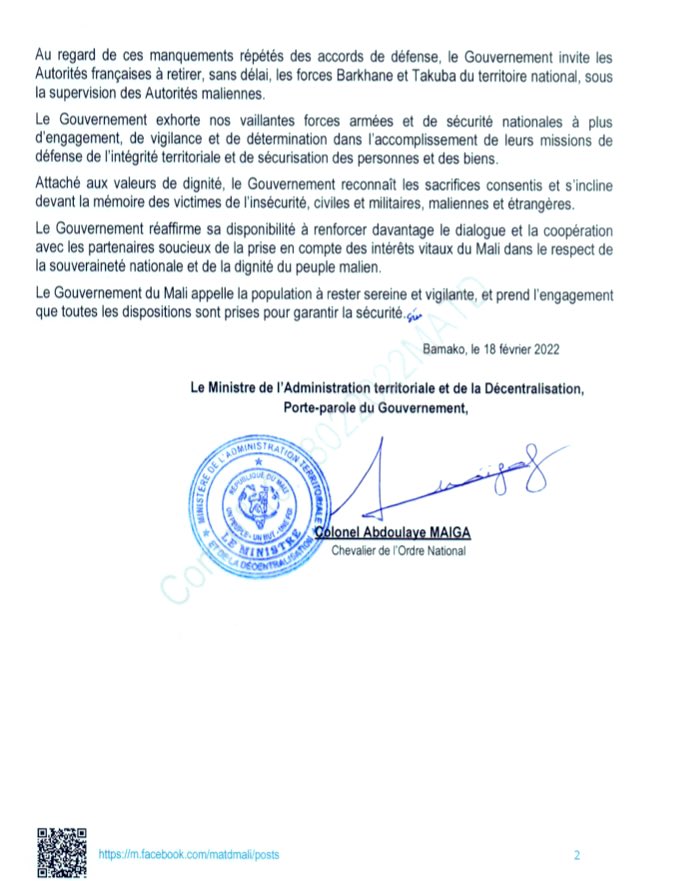 AbdoulayeDiop8's tweet photo. Communiqué du Gouvernement du Mali suite à la décision de retrait des militaires de Barkhane et Takuba par les autorités françaises. 👇🏾 https://t.co/jGsJvnCoKj