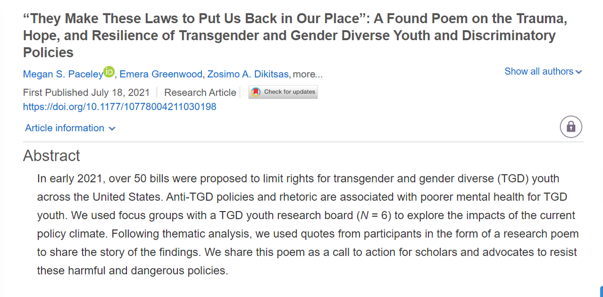 LGBTQResearchKU's tweet photo. Recently published &amp; timely article: “They Make These Laws to Put Us Back in Our Place”: A Found Poem on the Trauma, Hope, and Resilience of Transgender and Gender Diverse Youth and Discriminatory Policies by @MeganPaceley @DrJessicaNFish @laurenmcinroy +
https://t.co/5sYAHimOcj https://t.co/FwyX5x259m