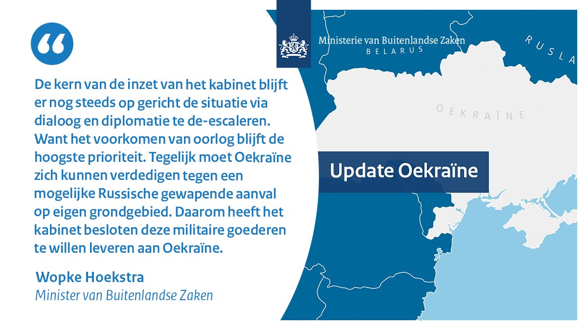 WBHoekstra's tweet photo. Het voorkomen van oorlog in #Oekraïne blijft de hoogste prioriteit. Daarvoor is en blijft diplomatie noodzakelijk. In die context neem je een besluit over militaire steun niet lichtvaardig. Na zorgvuldig wegen heeft het kabinet besloten Oekraïne die steun toch te willen verlenen. https://t.co/gD0xwxgls1