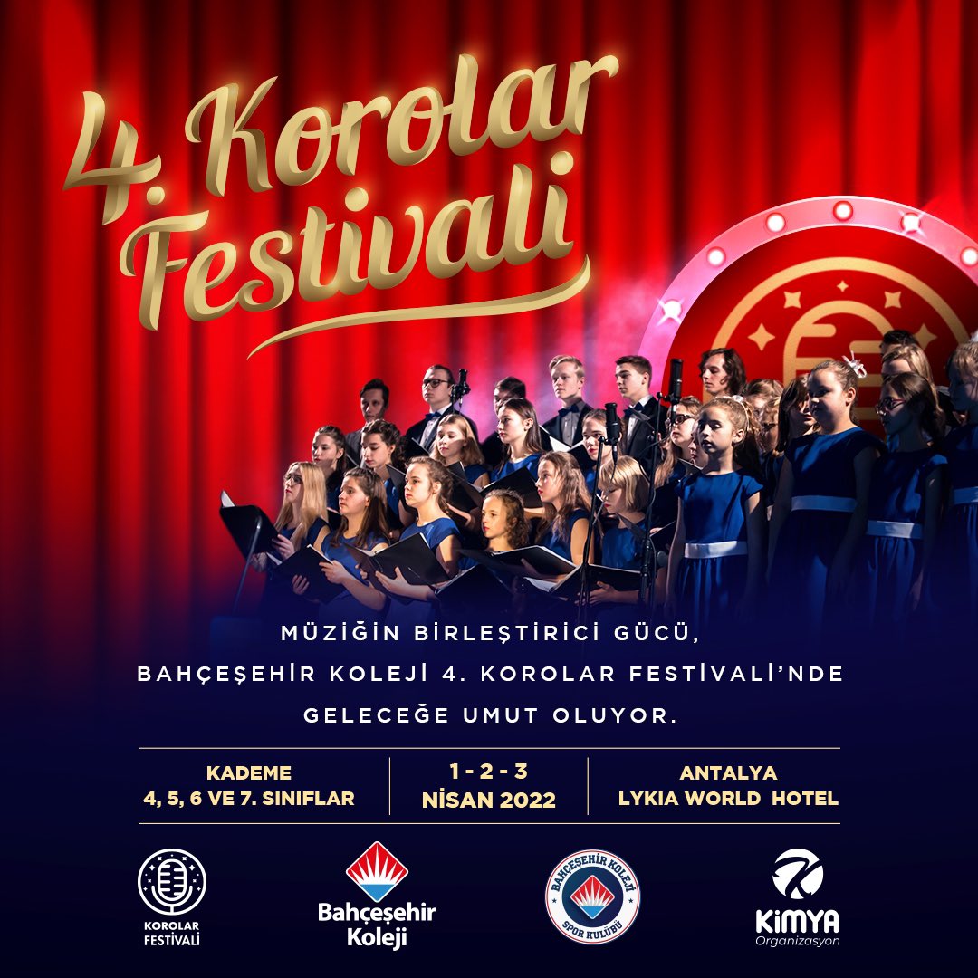 4. Korolar Festivali Başlıyor!🎵🎶🎤

“Müziğin birleştirici gücü”, Bahçeşehir Koleji 4. Korolar Festivali’nde geleceğe umut oluyor!

📆 1-2-3 Nisan
📩 4, 5, 6  ve 7. sınıfların katılımına açıktır.
📍Lykia World Hotel /Antalya

#bahçeşehirkoleji
