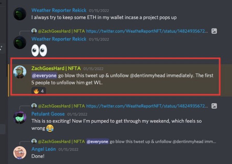 Owner of @WeatheReportNFT was telling his discord to go unfollow <a href="/Dentinmyhead/">Dentin</a> for WL spots. Dentin was the original artist for weather report and had his art stolen. Not a good look.