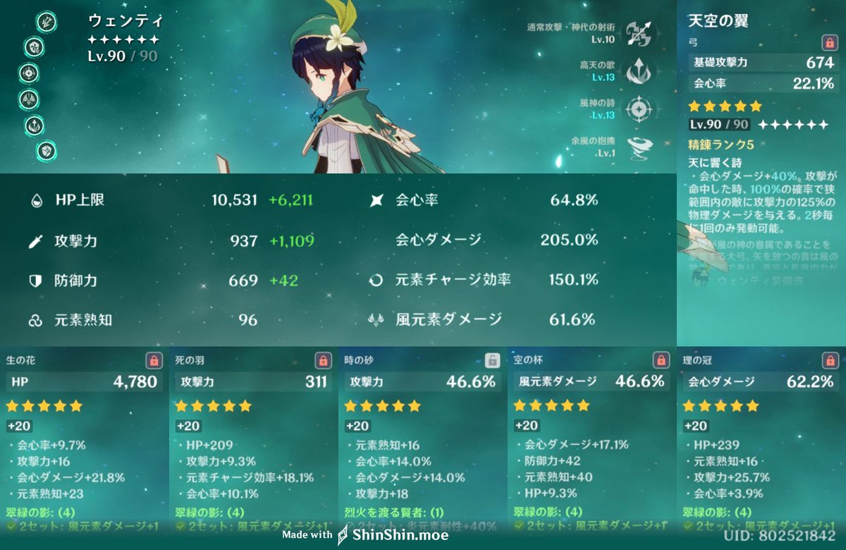 tororo0325's tweet photo. My venti status☺️ 火力とサポ　火力が(バルバトスモチーフ武器でサポートがウェンティモチーフ武器) https://t.co/QIs8azGGtz