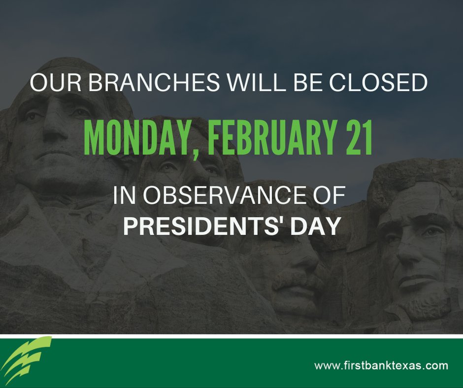 Our offices will be closed on 2/21/22 in observance of Presidents' Day. Our Customer Care Center is open from 8:00 a.m. – 9:00 p.m. CT. ATMs, Telephone, Online & Mobile Banking are available 24/7. NOTE: Deposits made on a bank holiday will be processed the next business day.