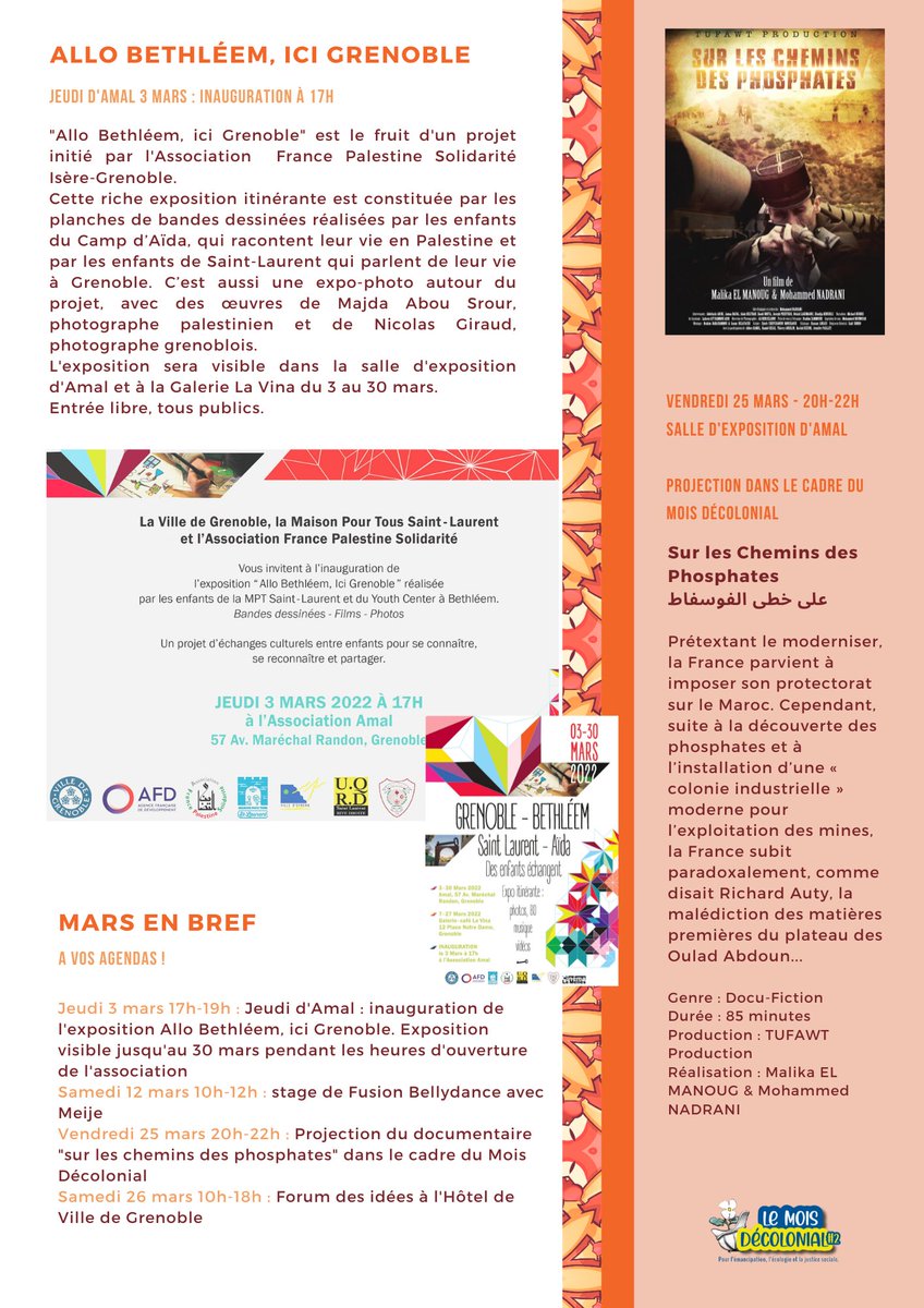 AMALGrenoble's tweet photo. Newsletter de février @AMALGrenoble 
#newsletter #Amal #Grenoble #budgetparticipatif
#danse #bellydance #moisdecolonial
#parcourssonore
#Jeudisdamal #forumdesidees
#allobethleemicigrenoble
#almatrèscloitres
#Grenoblecentre https://t.co/n2OwsGIWAC