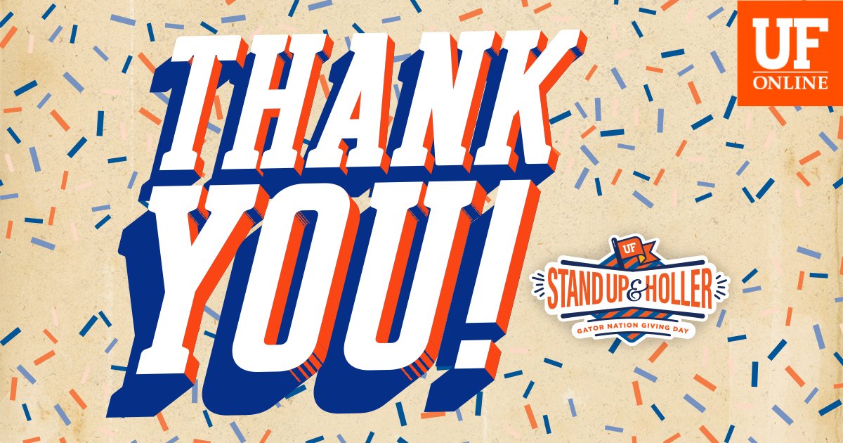 We heard you holler, Gators. 🐊🎉

Thank you for thinking of all of the #GatorsOnline during Gator Nation Giving Day. With your support, UF Online saw a 77% increase in donations from last year and UF surpassed its goal of 23,000 donations. #AllFortheGators