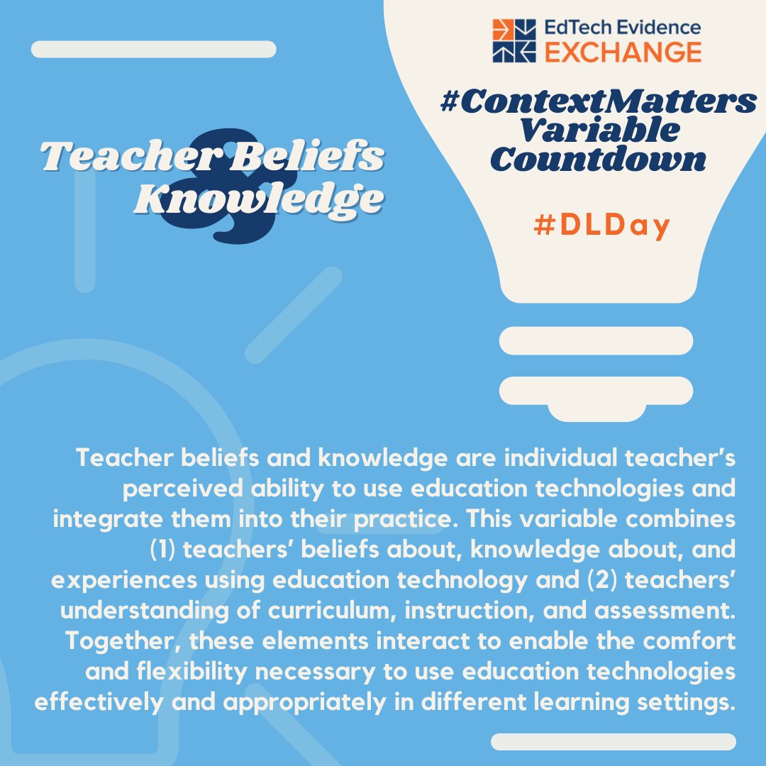 EdTech_Evidence's tweet photo. Lucky # 7 is TEACHER BELIEFS &amp; KNOWLEDGE, which is each teacher’s perceptions of their ability to use #edtech and integrate them into their practice to support student outcomes. Teacher beliefs greatly impacts #edtechimplementation. #DLDay #ContextMatters #EdTechGenomeProject https://t.co/T1apAYIayW