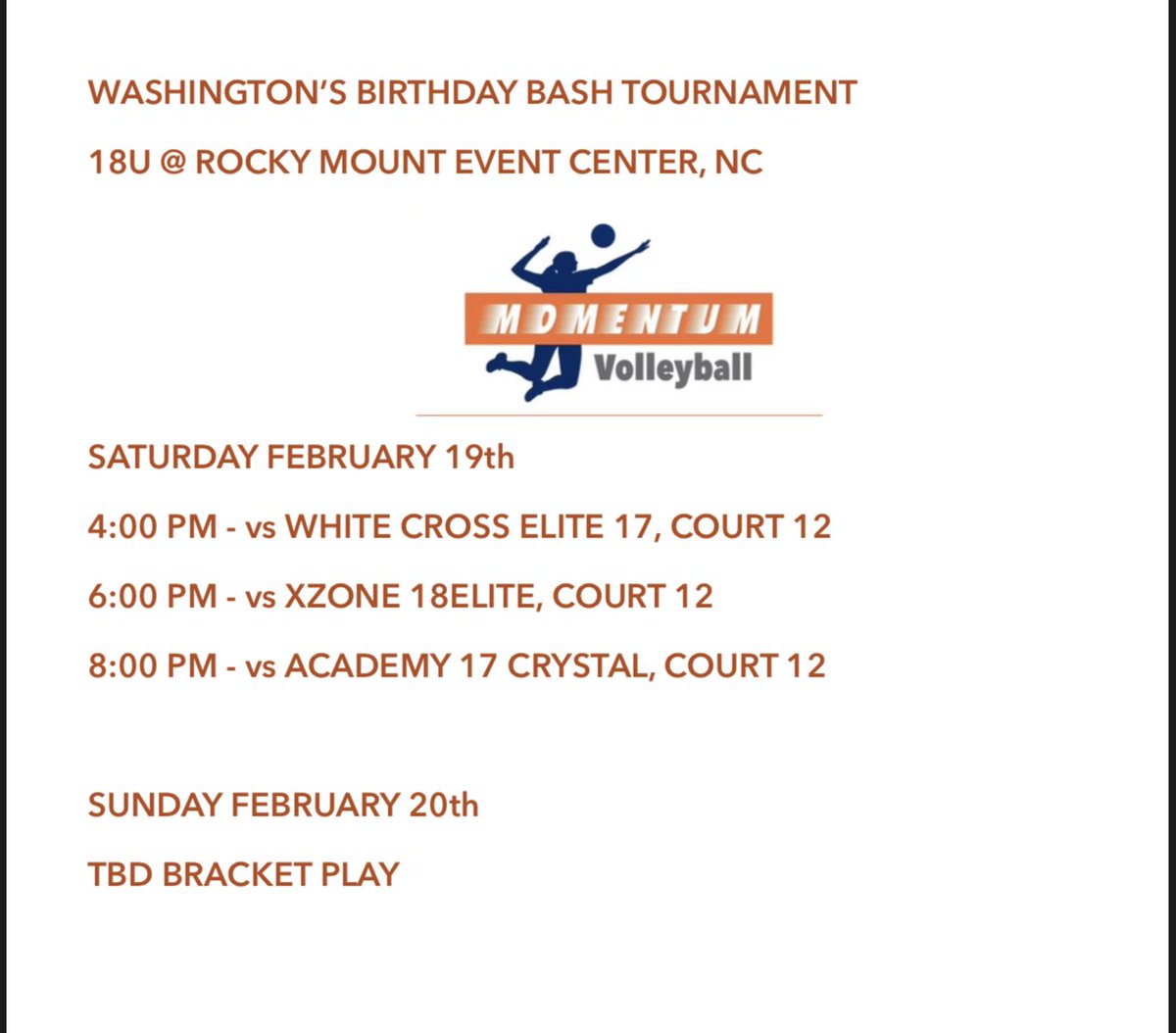 MomentumVB's tweet photo. We will be traveling down to Rocky Mount, NC to compete this weekend. Our schedule is below. Live on YouTube @https://youtube.com/channel/UCw6lj32g9j3GjQT-mv0nAXA @usavolleyball @PrepDig https://t.co/ciDsBdneuB
