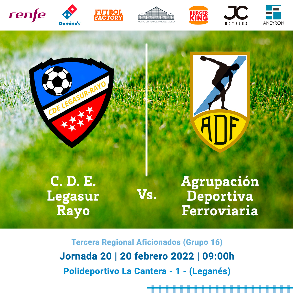 Este domingo, 20 de febrero, a las 9:00h, jugamos la 20ª jornada⚽ Nuestro rival será el C.D.E Legasur-Rayo, y queremos seguir ascendiendo en la tabla sumando 3 puntos de nuevo #SubeAlaFerro 🚂
Tendrá lugar en el polideportivo La Cantera nº: 1 (Leganés) ¡Os esperamos! #LaFerro 🤗