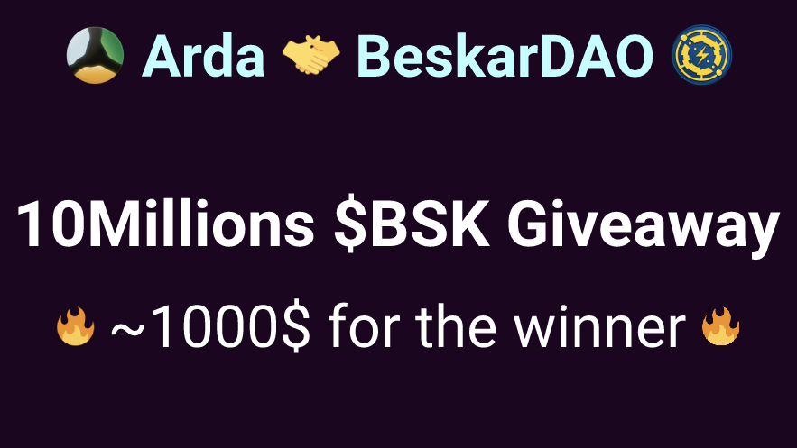 arda_org's tweet photo. 🌎Arda &amp; @BeskarDAO giveaway🥳

With the listing on @MaiarExchange, on Arda Swap &amp; Arda Charts, $BSK is on🔥

Let's amplify the🔥 To be the lucky winner of 10M $BSK (~1000$):

1 Tell us a feature you're dying for on @ElrondNetwork⬇️
2 RT
3 Follow Arda+@BeskarDAO
By 22/02 3PM UTC https://t.co/jPdDLbTBG1