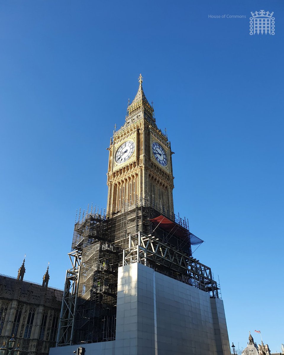 Today's #FridayPhoto, taken last week, spotlights the scaffolding that has been coming down from the Elizabeth Tower as the House prepares to return from recess on Monday 21 February at 2.30pm.

#RestoringBigBen #BigBen