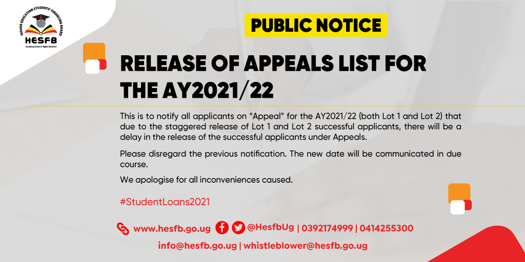 Higher Education Students' Financing Board (HESFB) (@hesfbug) on Twitter photo 𝐏𝐮𝐛𝐥𝐢𝐜 𝐍𝐨𝐭𝐢𝐜𝐞: 𝐑𝐞𝐥𝐞𝐚𝐬𝐞 𝐨𝐟 𝐀𝐩𝐩𝐞𝐚𝐥𝐬 𝐋𝐢𝐬𝐭 𝐟𝐨𝐫 𝐭𝐡𝐞 𝐀𝐘𝟐𝟎𝟐𝟏/𝟐𝟐 🙏🙏🙏🙏🙏🙏🙏🙏🙏🙏🙏🙏🙏
#StudentLoans2021
<a href="/kiuvarsity/">Kampala International University</a> <a href="/GuluVarsity/">Gulu University</a> <a href="/Educ_SportsUg/">Ministry of Education and Sports - Uganda</a> <a href="/MorikuJoyce/">Dr. Joyce Moriku Kaducu, PhD</a> <a href="/DeKaMug/">Dennis Mugimba</a> <a href="/NdejjeUnive/">Ndejje University</a> <a href="/BishopStuartUni/">Bishop Stuart University</a> <a href="/MbararaUST/">Mbarara University</a> <a href="/kabuniversity/">Kabale University</a> <a href="/Makerere/">Makerere University</a> 𝐏𝐮𝐛𝐥𝐢𝐜 𝐍𝐨𝐭𝐢𝐜𝐞: 𝐑𝐞𝐥𝐞𝐚𝐬𝐞 𝐨𝐟 𝐀𝐩𝐩𝐞𝐚𝐥𝐬 𝐋𝐢𝐬𝐭 𝐟𝐨𝐫 𝐭𝐡𝐞 𝐀𝐘𝟐𝟎𝟐𝟏/𝟐𝟐 🙏🙏🙏🙏🙏🙏🙏🙏🙏🙏🙏🙏🙏
#StudentLoans2021
<a href="/kiuvarsity/">Kampala International University</a> <a href="/GuluVarsity/">Gulu University</a> <a href="/Educ_SportsUg/">Ministry of Education and Sports - Uganda</a> <a href="/MorikuJoyce/">Dr. Joyce Moriku Kaducu, PhD</a> <a href="/DeKaMug/">Dennis Mugimba</a> <a href="/NdejjeUnive/">Ndejje University</a> <a href="/BishopStuartUni/">Bishop Stuart University</a> <a href="/MbararaUST/">Mbarara University</a> <a href="/kabuniversity/">Kabale University</a> <a href="/Makerere/">Makerere University</a>