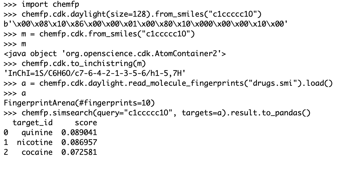 Do people use chemfp's <a href="/the_cdk/">The Chemistry Development Kit (CDK)</a> support? It's part of the standard chemfp installation. No license key needed.

Here's a taste of chemfp 4.0's new cross-cheminf. toolkit API  to read molecules and generate fingerprints. Or, replace "cdk" with "rdkit", "openbabel", or "openeye".