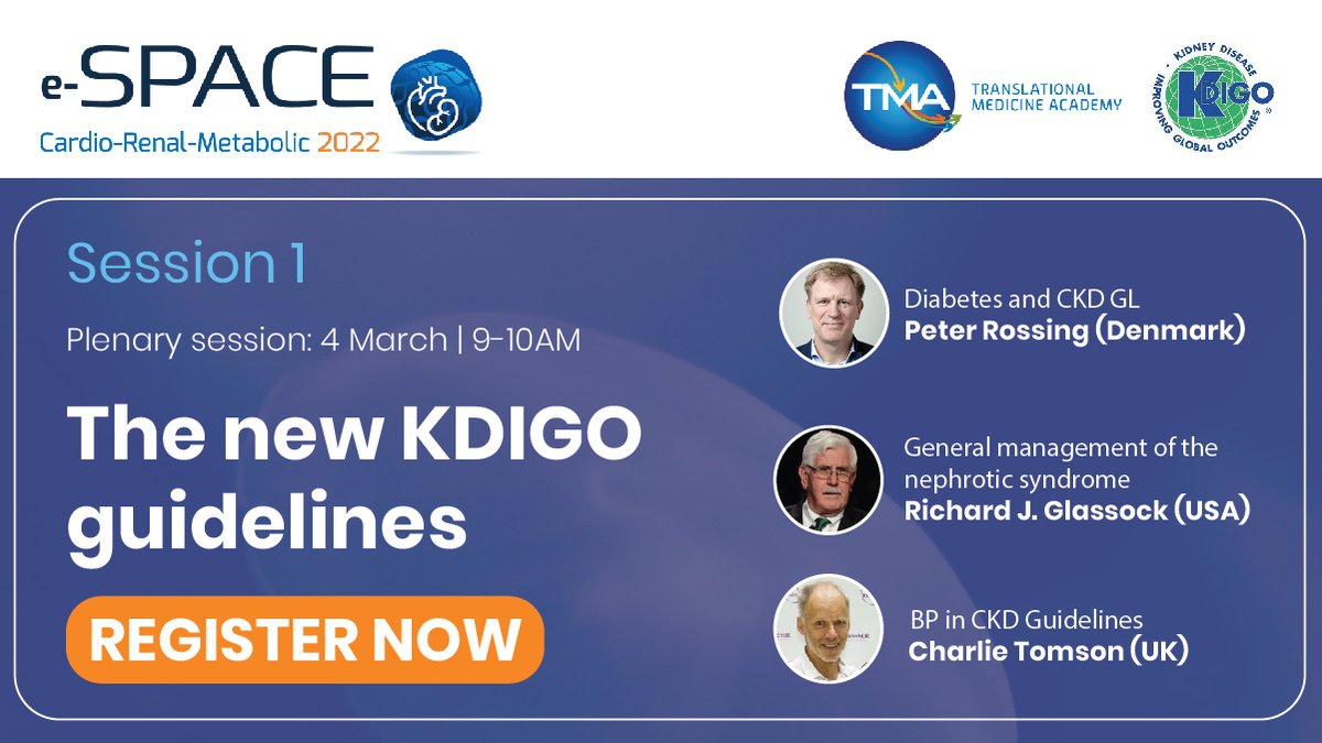 tmacademy_org's tweet photo. #highbloodpressure in #CKD➡️adverse #kidney #CV outcomes @GlassockJ @P_Rossing @CharlieTomson discuss implementing latest @goKDIGO GLs 

💻#eSPACECRM22 Plenary Session1: Mar-4 | 9am CET
Register free:  https://t.co/AquJdoI7SK

#hypertension #cardiotwitter #endotwitter #Neprology https://t.co/DkbINYJnYn