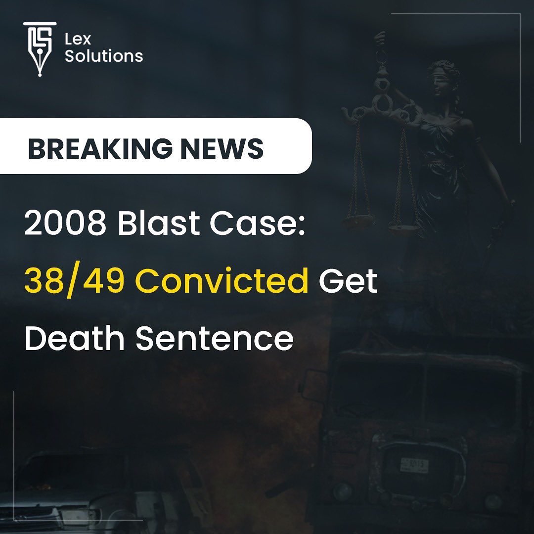 lexsolutions360's tweet photo. In the case of 2008 Ahmedabad serial bomb blasts, a special court in Ahmedabad sentenced 38 / 49 convicts to Death Sentence and 11 convicts to Life Imprisonment. #breakingnews 

#Ahmedabadblast2008 #india #blast #TrendingNews https://t.co/l1UJaW398P