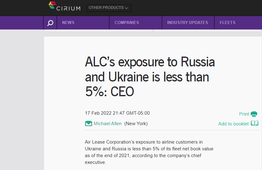 Michael_K_Allen's tweet photo. Air Lease Corporation‘s exposure to Russia and Ukraine is less than 5% of its fleet net book value, the LA-based lessor confirmed in an earnings call. The company “continues to monitor the situation”, it adds. Details on Cirium Dashboard. https://t.co/gMZbxqHema #russia #ukraine https://t.co/OgGWyUhwlF