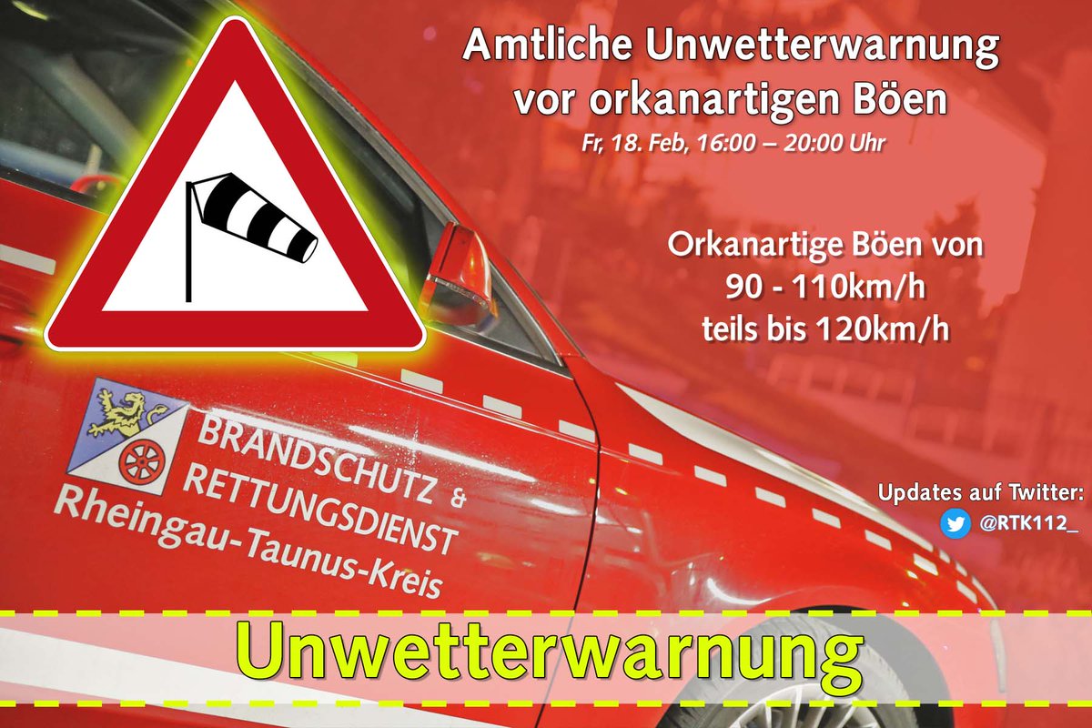 UPDATE+++Der DWD hat die Warnungen für den RTK heute hochgestuft. Von 16-20 Uhr gilt eine #Unwetterwarnung vor orkanartigen Böen bis 120km/h. Bitte passt auf Euch auf! #rtk112