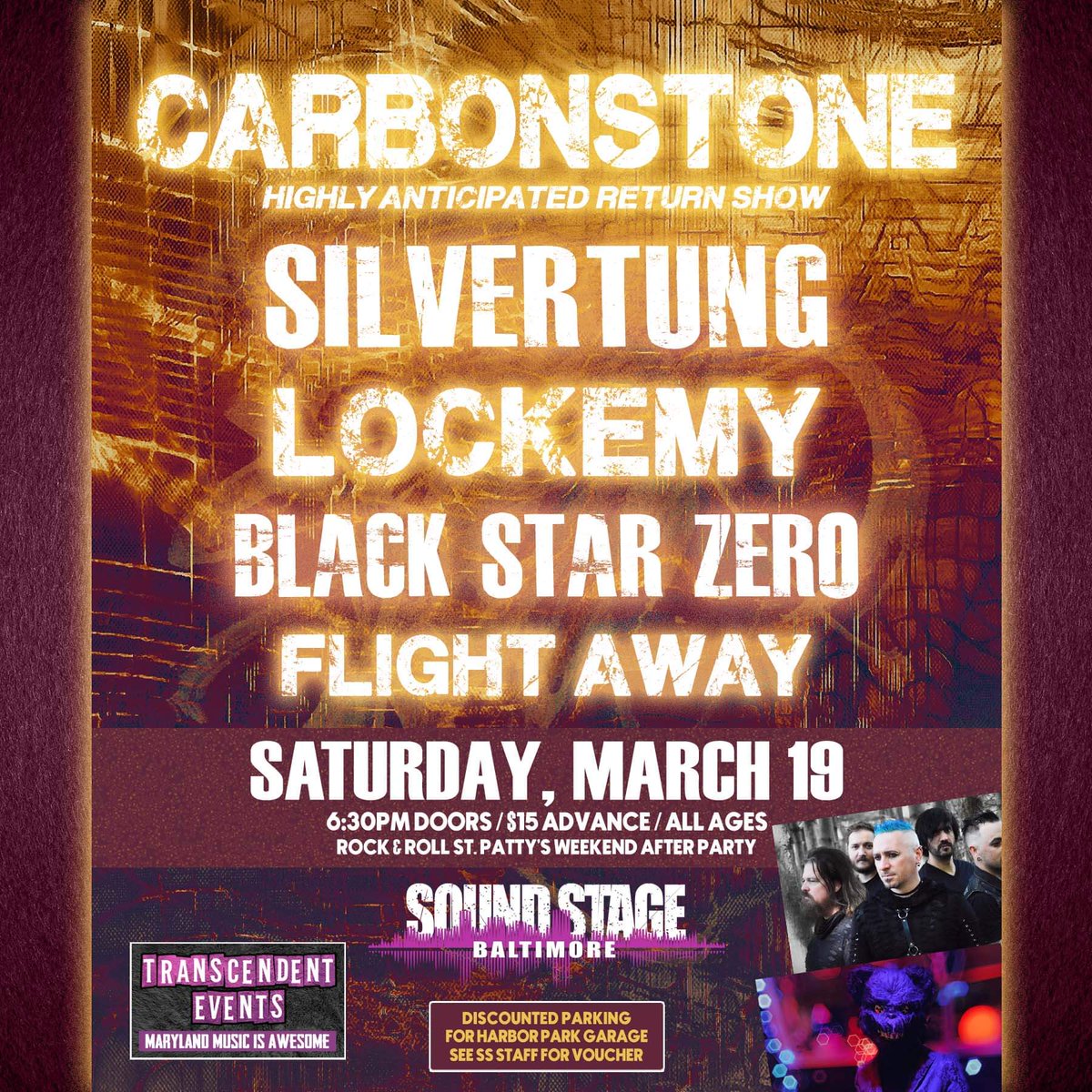 HAPPY FRIDAY!!!

🚨 SHOW ANNOUNCEMENT 🚨

Baltimore Soundstage on Saturday, March 19th for St Patty's Weekend Madness! 

Tickets On Sale TODAY AT NOON!
eventbrite.com/e/carbonstone-…

Transcendent Events Presents: