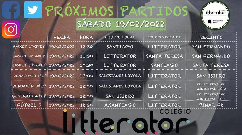 🏀 AGENDA DEPORTIVA ⚽️
Aquí tenéis el horario y el lugar donde juegan los equipos deportivos del Colegio Litterator.
Mucha suerte 🍀 para nuestros deportistas🔝‼️
Let’s go!!! 
🥅 ⚽️🏀🏊🏼‍♀️🏃‍♀️

#colegiolitterator 
#agendadeportiva