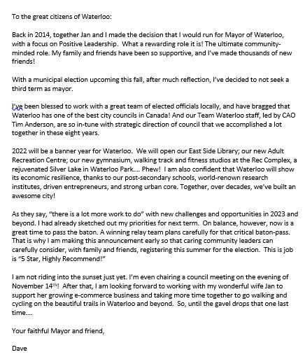 DaveJaworsky's tweet photo. Letter to the community. I will not be seeking a third term as Mayor. https://t.co/b8PUmAR3WJ