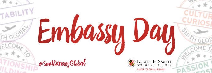 SmithGlobalBiz's tweet photo. Welcome to day two of #EmbassyDay. Follow this thread and see what Maryland Smith students are learning from embassies around the world. Students are virtually visiting 11 countries today in Europe, Asia, South America, and the Middle East. #SmithKnowsGlobal https://t.co/7HPmsE3m3F