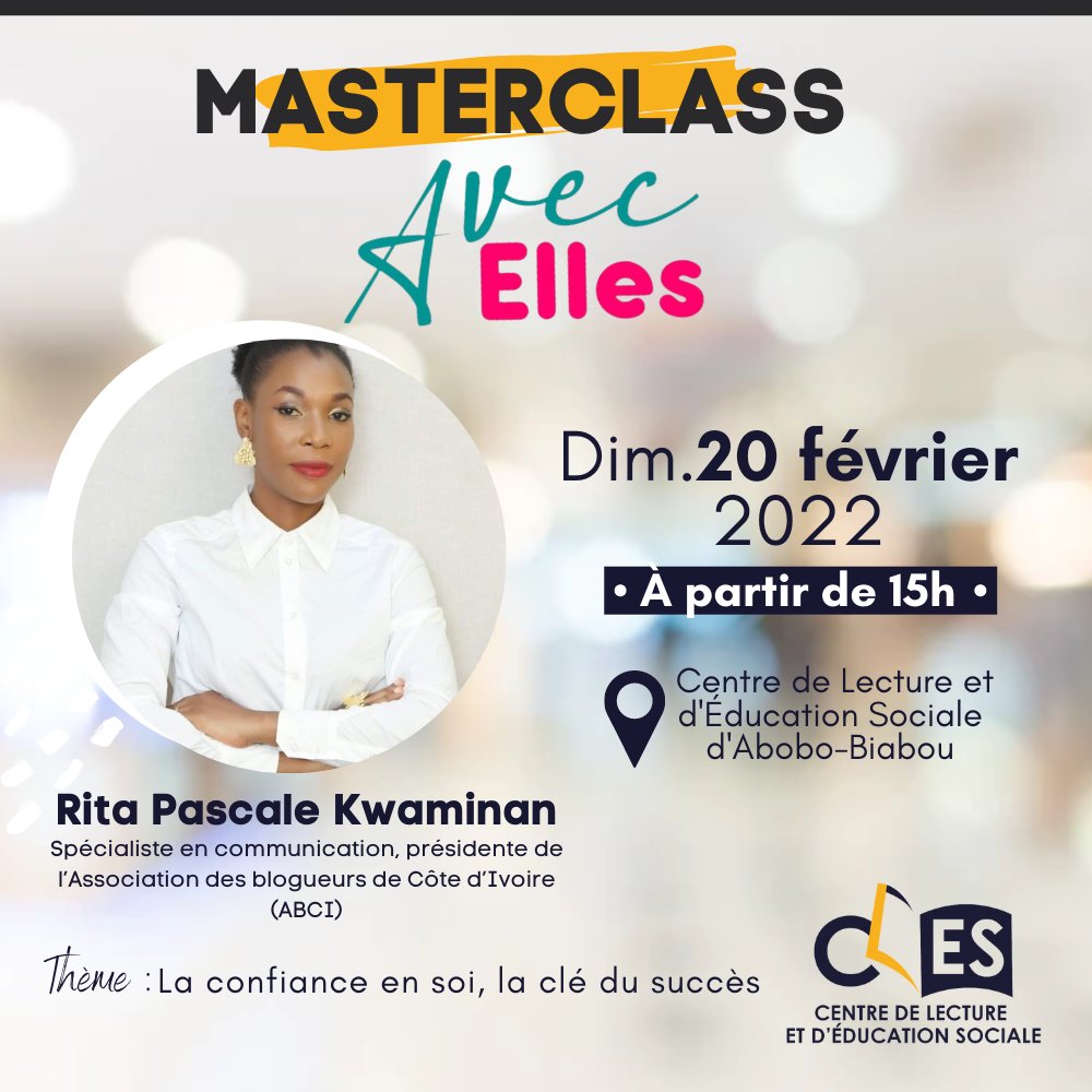 Ce dimanche 20 février, les femmes prennent les commandes du <a href="/CLESDeBiabou/">CLES de BIABOU</a>.«Confiance en soi, la clé du succès», c’est le thème de la 2e masterclass de notre programme d'alphabétisation #AvecElles. Et c'est <a href="/ritagloire/">Rita Pascale Kwaminan</a>, la présidente de l'association <a href="/blogueurs225/">Association des Blogueurs de Côte d'Ivoire</a> qui l'animera.