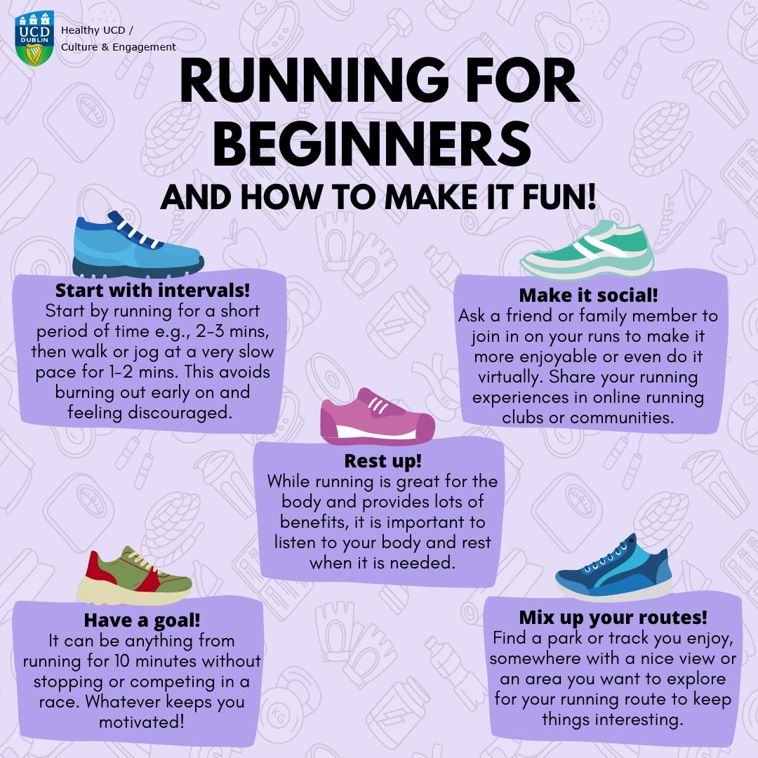 HealthyUCD's tweet photo. Running is a great way to be physically active and has many health benefits such as maintaining healthy weight, decreasing the risk of heart disease and can be a mood boost.
Here are some tips to get you started if you find running a bit daunting!👟👟
#fiveplus #running https://t.co/juluingidb
