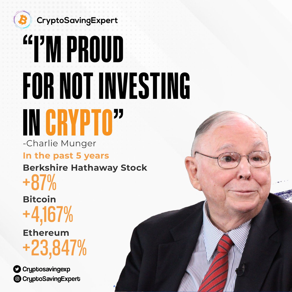 CryptoSavingExp's tweet photo. BERKSHIRE HATHAWAY CHAIRMAN STANDS BY DECISION 𝗡𝗢𝗧 TO INVEST IN #CRYPTO! 🥉 

#CryptoSavingExpert https://t.co/zkEiRaiNnI